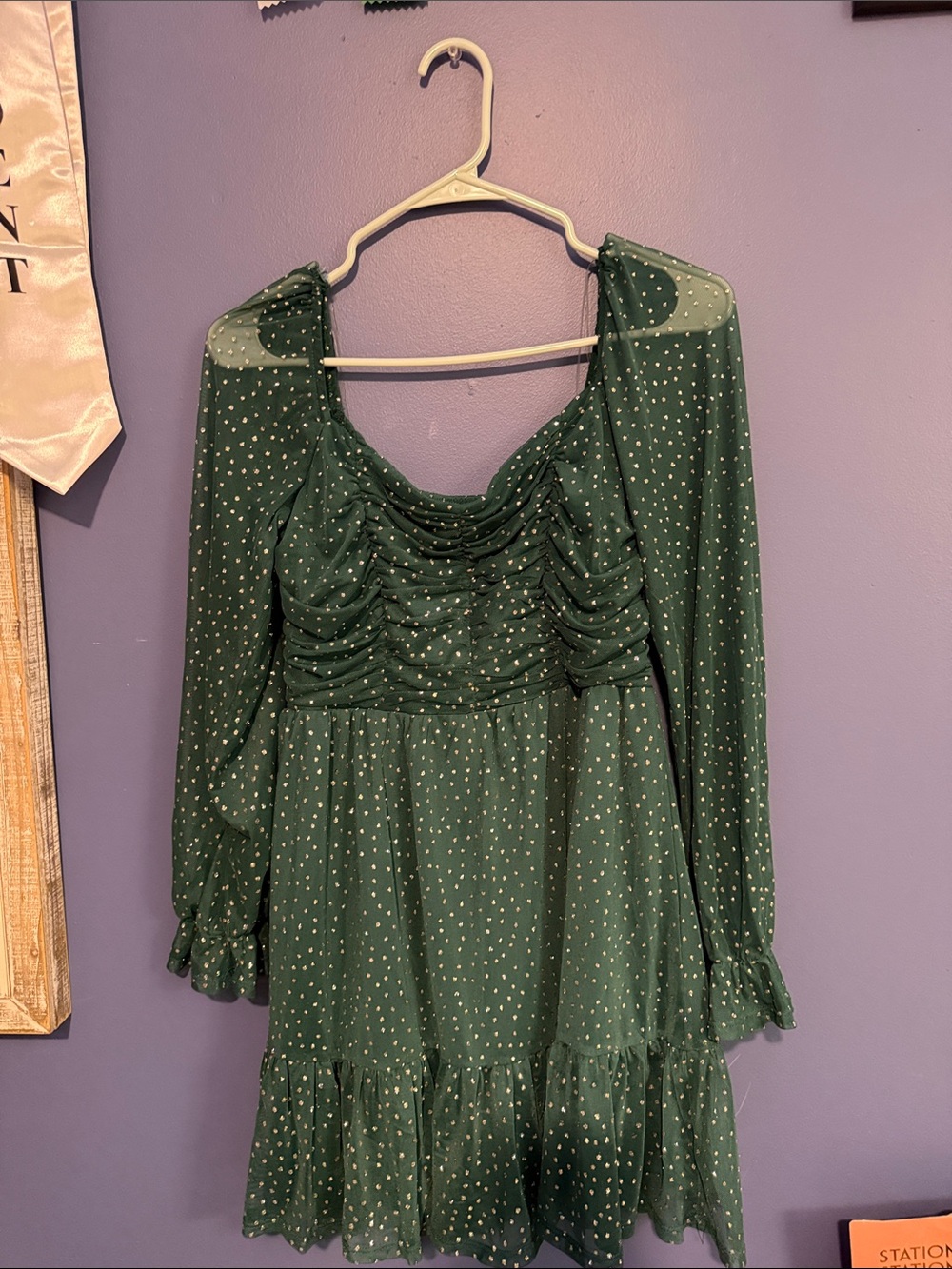 Francesca's Collections Emerald Green Long Sleeve Ruched Polka Dot Mini Dress